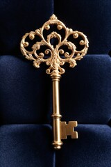 An intricate gold key against a deep blue velvet background.