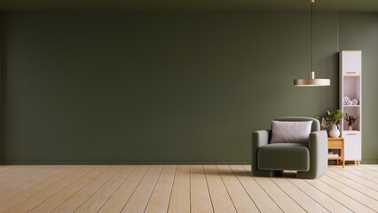 Minimalist living room features a deep green wall that provides a soothing backdrop for a modern- 3D rendering
