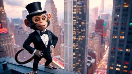 A sophisticated monkey in a tuxedo posing atop a city skyscraper.