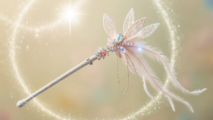 An ethereal magic wand adorned with delicate feathers and sparkling jewels under a soft, starry glow.