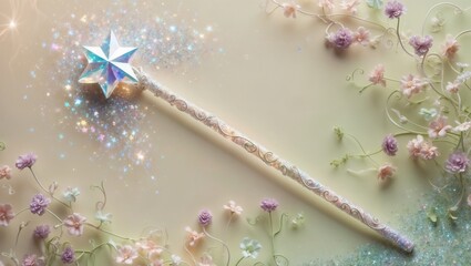 A magical wand with a star tip surrounded by sparkling light and delicate flowers.