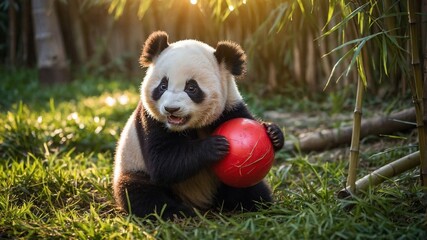 A playful baby panda clutches a red ball in a sunlit bamboo grove.