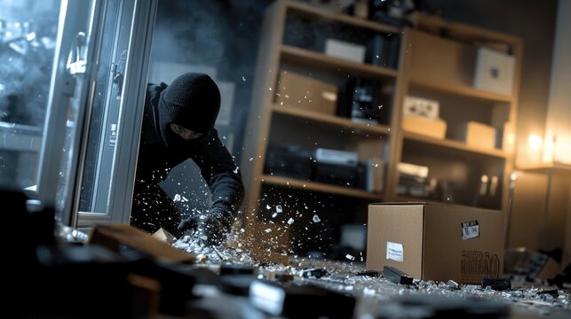 Intruder alert: masked robber orchestrating flat robbery, involving theft of personal property, rise in crime, criminality, serious offence impacting victims' lives and safety measures.