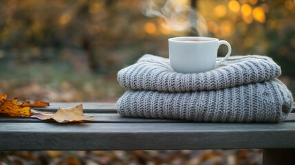 A steaming cup of tea sits on a cozy sweater on a wooden bench in a park setting.