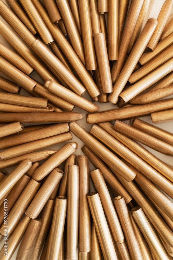 Leinwandbilder aerial view of gold pens creating symmetrical geometric pattern with bright diffuse lighting