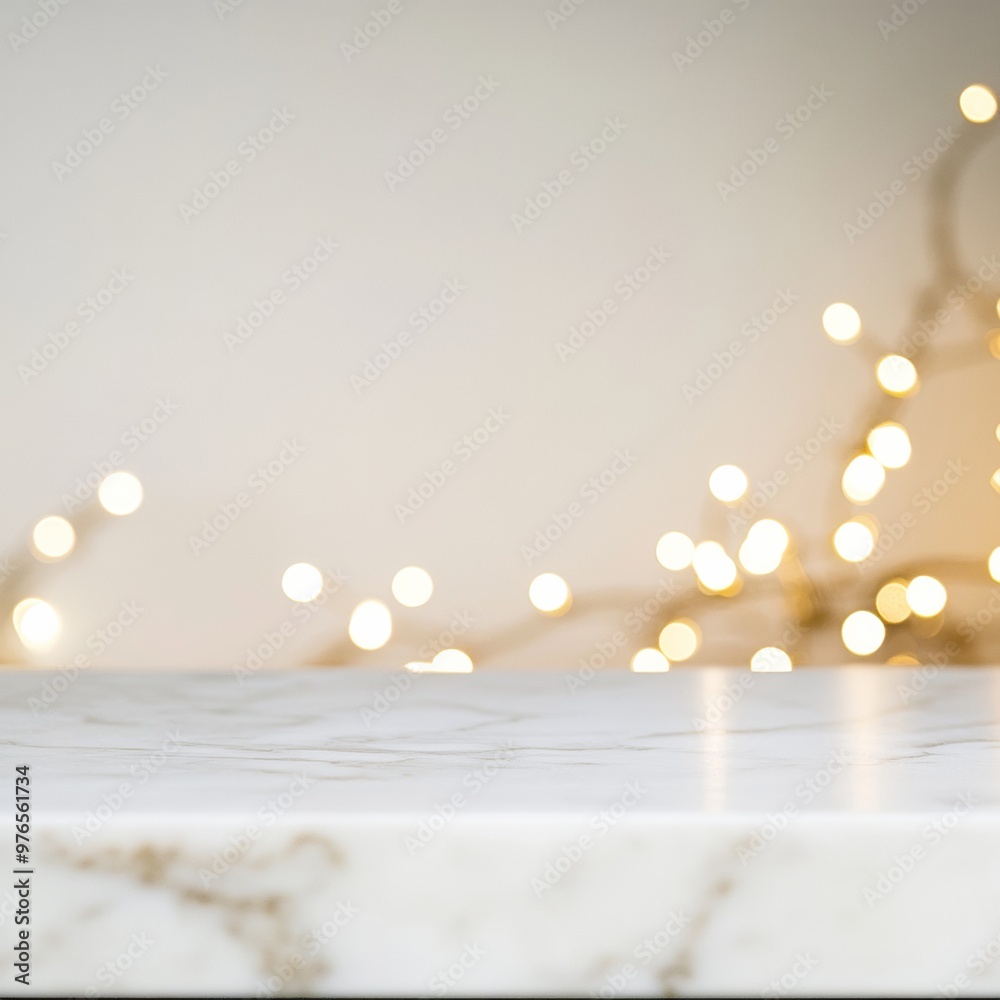 Poster elegant white marble table with soft fairy lights in modern office background - bokeh effect and fes