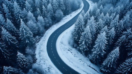 Aerial view of a snow-covered forest with a winding road cutting through, offering a scenic and peaceful winter scene.