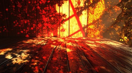 Sunlit Wooden Floor with Autumn Leaves Shadows Creating a Warm and Cozy Atmosphere