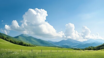 Obraz premium Tranquil Green Mountains and Blue Sky, symbolizing serenity, peace, nature, vastness, and hope.