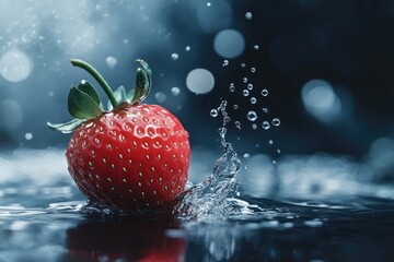 Fresh Strawberry Splashing into Water with Bokeh Background - Close-Up of Juicy Red Fruit