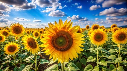 Obraz premium a field of sunflowers under a bright blue sky, with each flower displaying intricate details