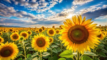 a field of sunflowers under a bright blue sky, with each flower displaying intricate details