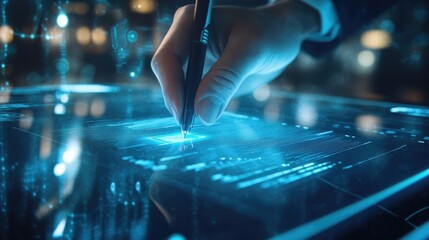 Futuristic Hand Writing on Digital Interface with Holographic Elements in a High-Tech Environment