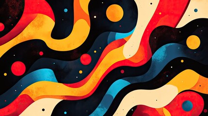 Abstract Colorful Geometric Pattern with Vibrant Waves and Circles in Red, Yellow, Blue, and Black Tones