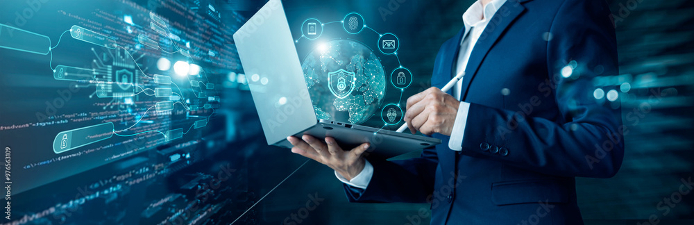 Poster Cyber security and internet technology networking. Businessman protecting data personal information on laptop. Internet network security and data protection privacy. GDPR. EU.