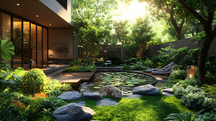 Serene Garden Retreat Illustration - Tranquil Backyard Oasis with Lush Greenery, Water Features, and Modern Architecture