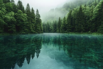 Serene Misty Forest Lake with Reflections of Evergreen Trees and Foggy Mountains in the Background
