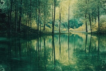Serene Forest Lake with Reflections of Trees and Lush Greenery in a Tranquil Natural Setting