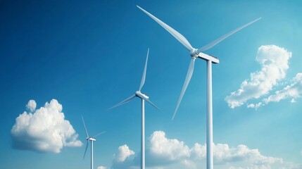 Fototapeta premium Wind turbines stand tall against a bright blue sky, symbolizing clean energy, sustainable development, renewable resources, environmental consciousness, and a bright future.