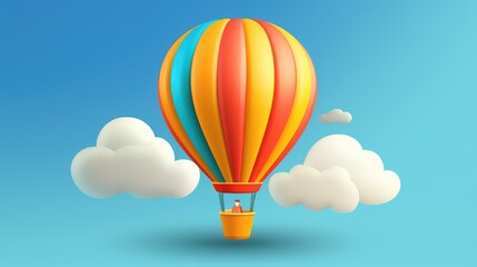 Obraz premium Colorful hot air balloon with a person inside, flying in the sky with white clouds.