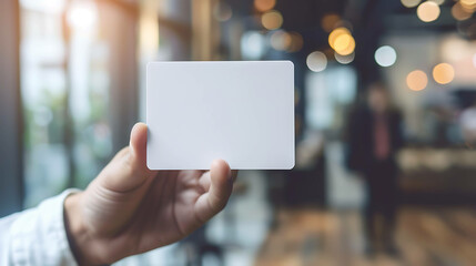 Hand holding a blank white card in a blurred background with light.