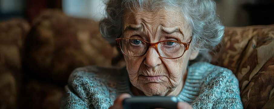 Close-up of elderly woman with phone in hand, anxiously awaiting updates from family, a look of concern etched on her face.