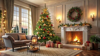 Festive living room with fireplace, Christmas tree, and decorations, festive, living room, cozy, glowing