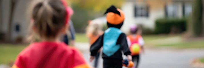 A group of children dressed in various colorful Halloween costumes walking in a neighborhood, celebrating the spooky holiday with trick-or-treating activities.