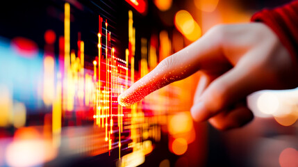 Fingertip on the Pulse: A hand points at a vibrant data chart displayed on a digital screen, representing the dynamic nature of the financial markets, analyzing trends, and navigating the digital land