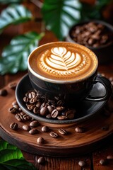 Green leaves and a cup of coffee