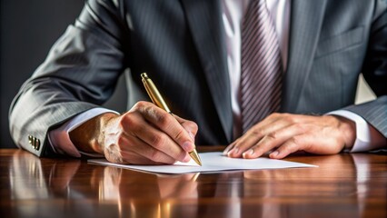 Businessman's hands signing official document with focus on golden pen and paper, business, executive, contract