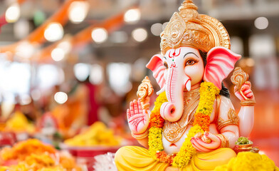 Serene Ganesha Amidst Festive Blur: A beautifully adorned Lord Ganesha idol takes center stage, radiating tranquility amidst the vibrant, blurred backdrop of a devotional celebration. 