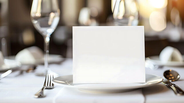 A blank white card on a plate at a formal dinner setting.