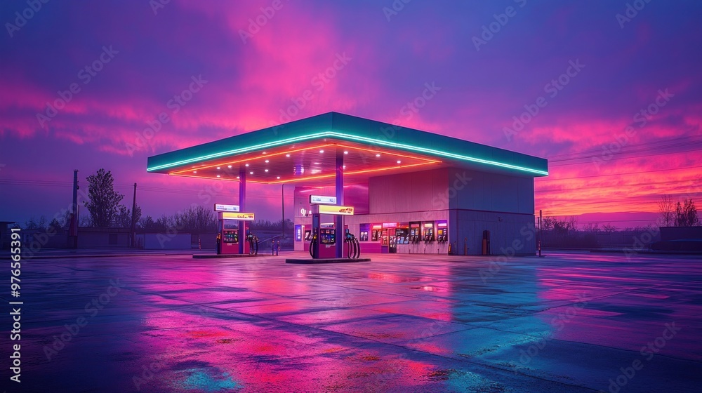 Poster neon gas station sunset