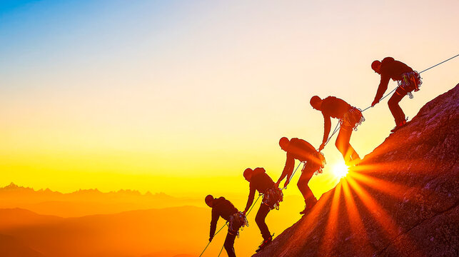 Conquering the Peak: Silhouetted figures ascend a mountain at sunrise, their teamwork illuminated by the golden hour glow. 