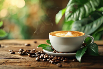 Green leaves and a cup of coffee