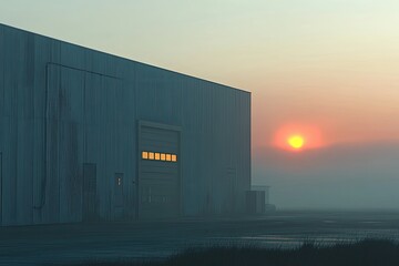 Obraz premium Industrial Warehouse Exterior at Sunrise with Misty Atmosphere and Soft Sunlight