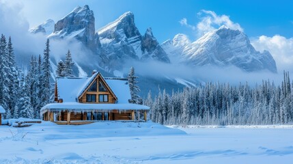 A cozy cabin in the foreground with a snowy mountain backdrop