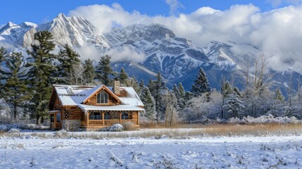 A cozy cabin in the foreground with a snowy mountain backdrop