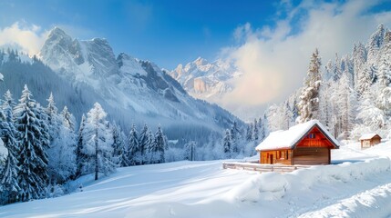 Naklejka premium A cozy cabin with a snowy mountain backdrop in a winter wonderland