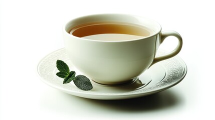 A cup of tea on a saucer with a mint leaf for garnish.