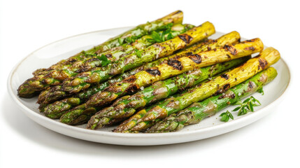 Cooked asparagus on a white plate