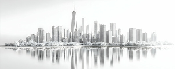 Monochrome Cityscape Illustration - Modern City Skyline with Reflections in Water