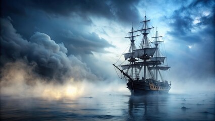 Fototapeta premium Creepy pirate ghost ship sailing through foggy waters, pirate, ghost, ship, spooky, haunted, abandoned, eerie, ocean, sea