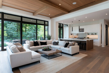Modern American style living room with wood flooring and brown accents