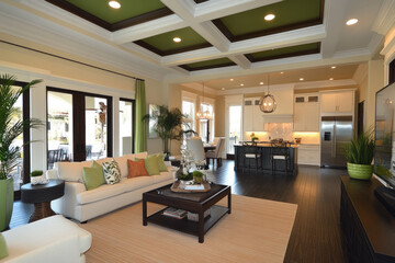 Modern American style living room with wood flooring and green accents
