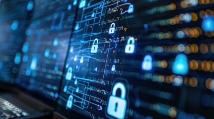 A digital confidential document with encryption symbols on a computer screen