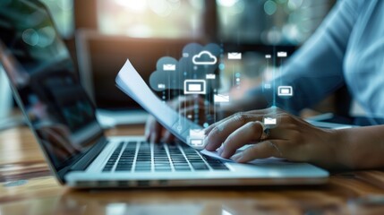 A digital document being edited on a laptop with cloud storage icons