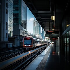 Fototapeta premium The sky train is about to stop at Ploenchit station. at Ploen Chit Station, Bangkok, Thailand
