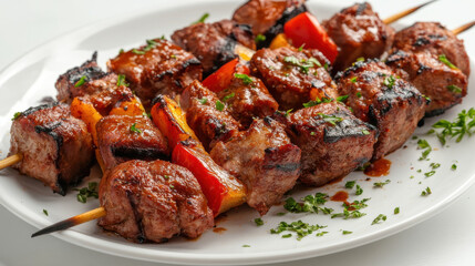 Thai red barbecue pork served on a white plate, isolated against a white background
